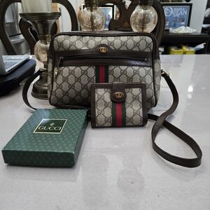 Gucci Beige GG Supreme Canvas Crossbody with Brown Trim and Red-Green Web